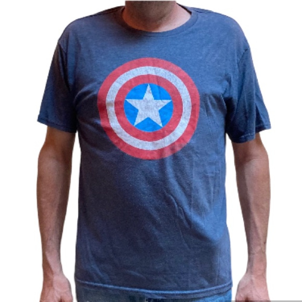 MARVEL CAPTAIN AMERICA Comic Super Hero Shield Blue Crewneck TShirt Mens Large